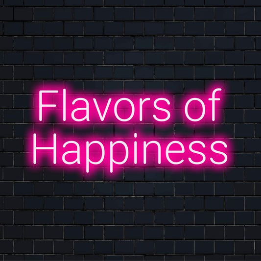 Élénk, egyedi készítésű LED-es fényreklám Flavours Of Happiness címmel, amely egyedi neonművészeti dizájnt testesít meg. Tökéletes személyes dekorációhoz.