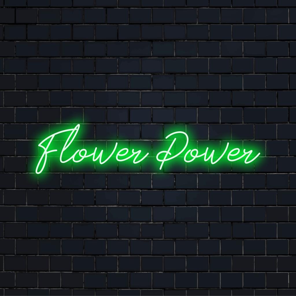 Vivace insegna al neon a LED Flower Power, ricca di decorazioni luminose al neon colorate, perfetta per qualsiasi spazio.