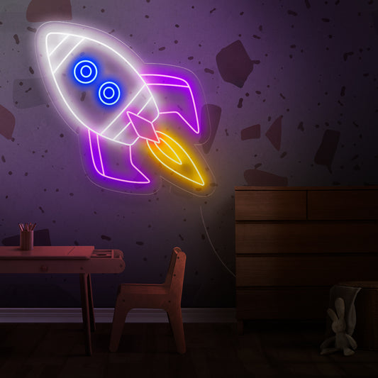 "Flying Rocket Neon Sign" - Blasting off with energy, perfect for space-themed areas and those captivated by the thrill of space exploration.