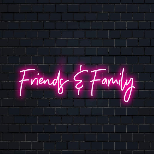 Versatile LED neon sign featuring text celebrating 'Friends' and 'Family'. A perfect neon piece for any social space.