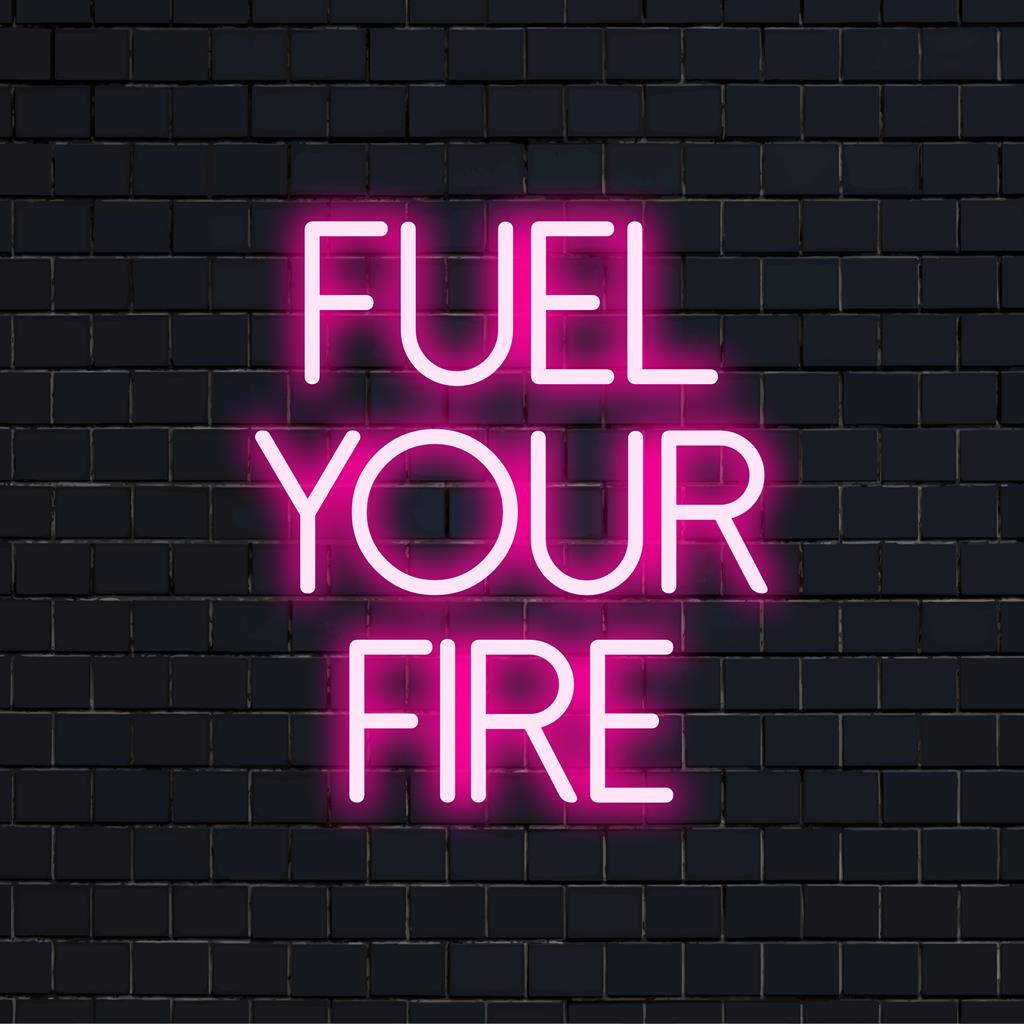 Vibrant 'Fuel your Fire' personalized LED neon sign, a perfect custom addition for illuminating any space with motivation.