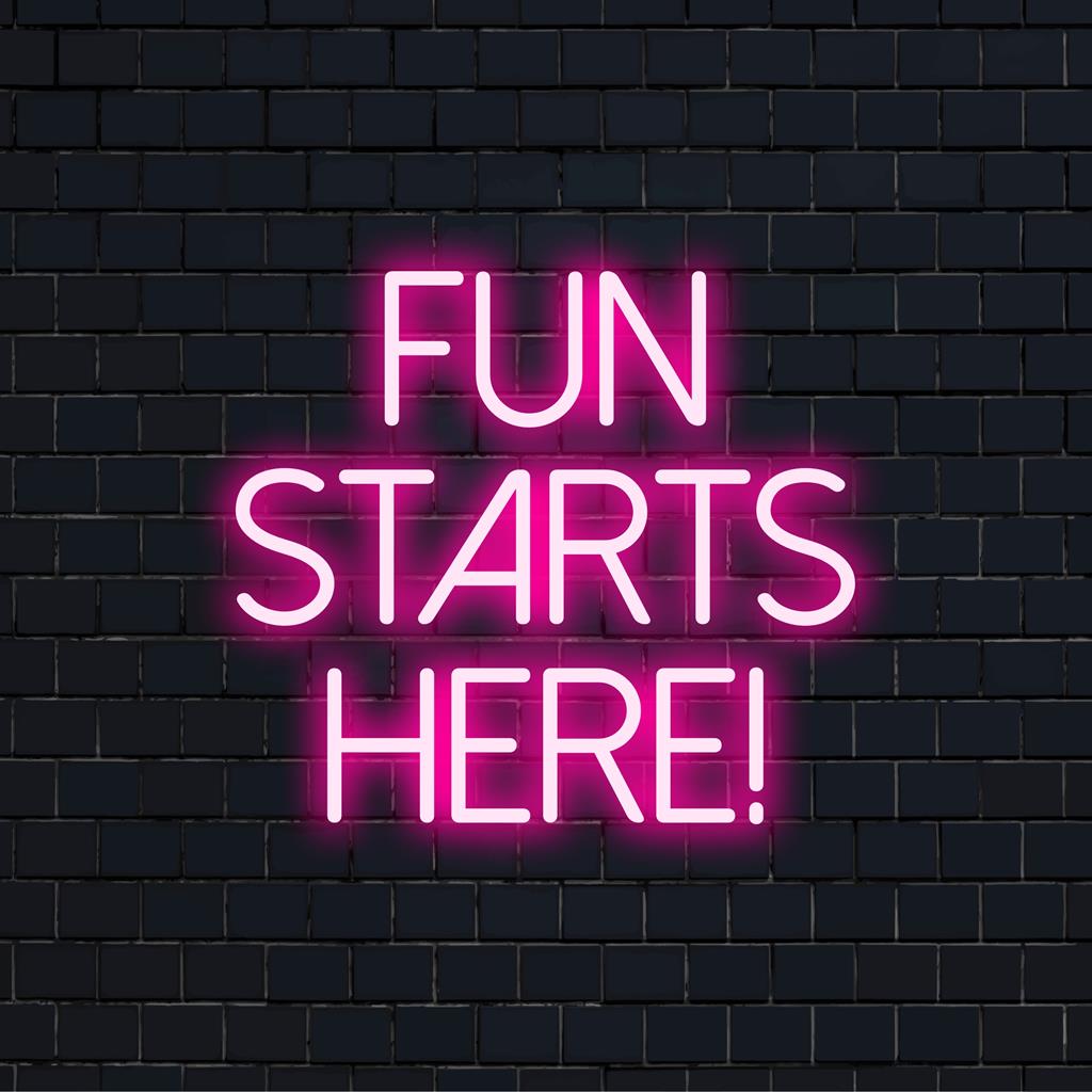 Colorful LED neon sign with fun typography that reads Fun Starts Here! Great for adding vibrant neon decor to any space.