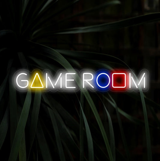"Game Room Neon Sign" - Lighting up the fun, an essential piece for game rooms and entertainment spaces, creating a vibrant atmosphere for gaming enthusiasts.