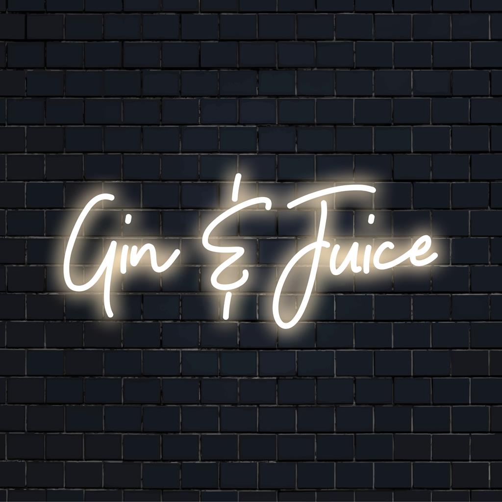 Custom LED Neon Sign reading 'Gin And Juice', adding a vibrant glow and personalized touch to any space, perfect for unique neon decor.