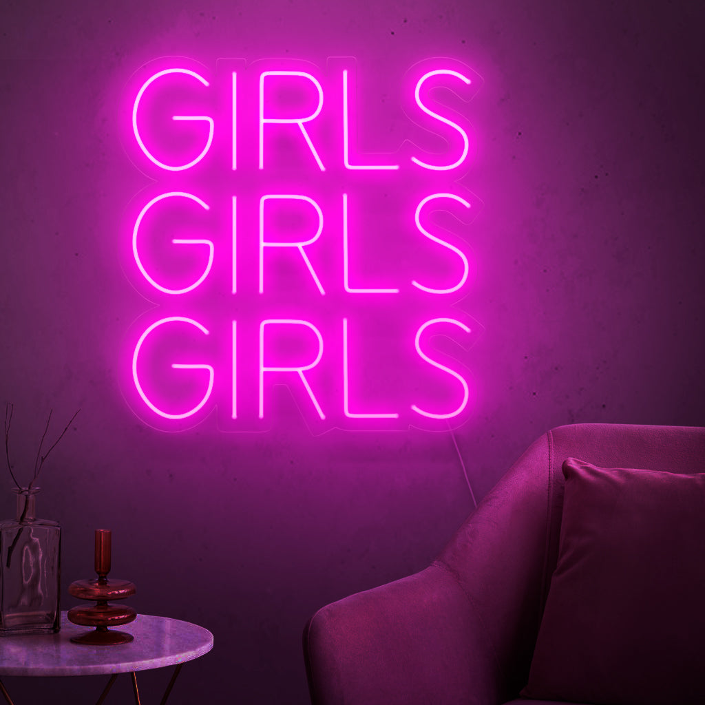 "Girls Girls Girls Neon Sign" - Dégageant une atmosphère vibrante et animée, parfaite pour les lieux de vie nocturne et les bars, créant une ambiance animée et excitante.