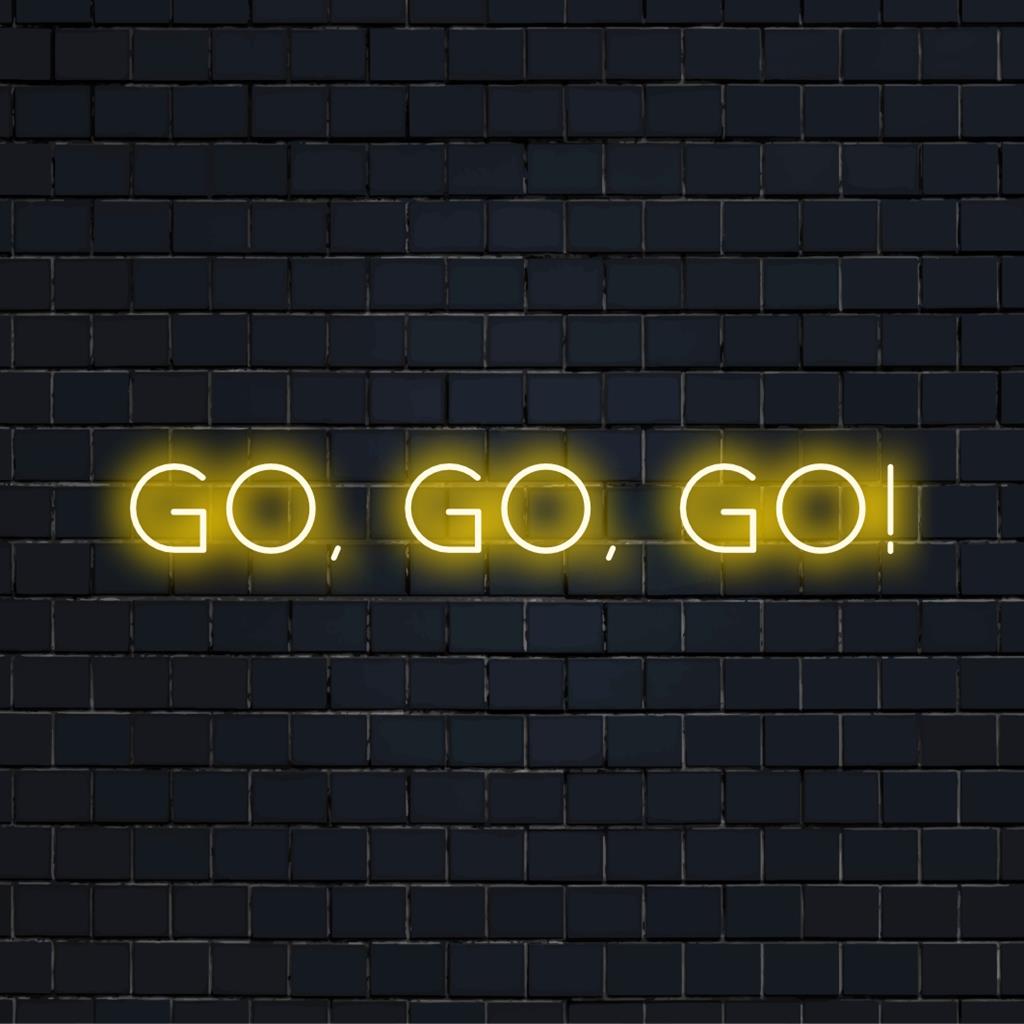 Vibrant Go, Go, Go! LED neon sign energizes any space, blending dynamic custom light art with stylish neon decor,  базambda.