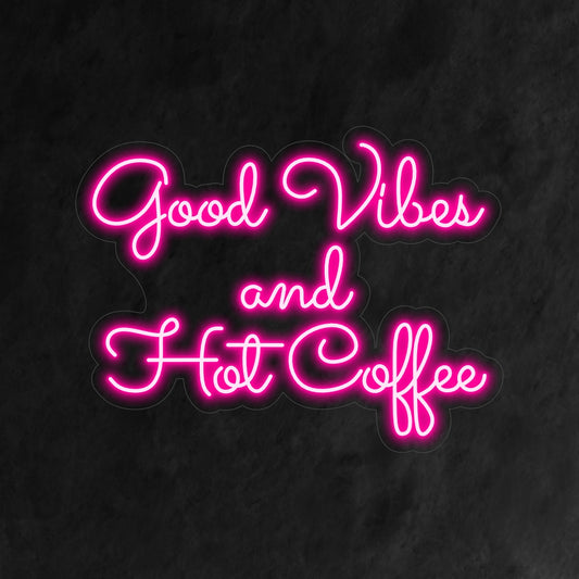 "Good Vibes and Hot Coffee Neon Sign" is a cozy and welcoming addition to your cafe interior. A neon light that combines good vibes with the comfort of hot coffee.
