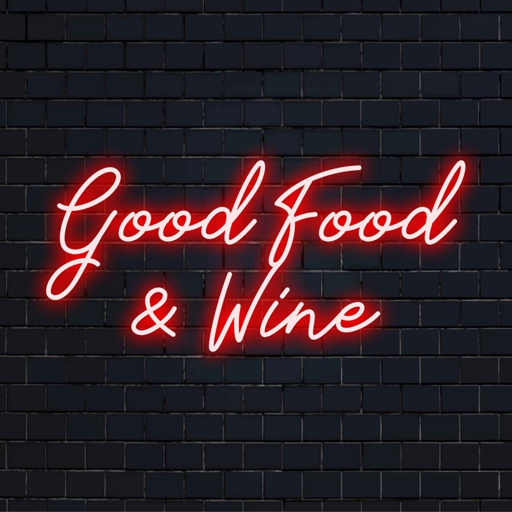 Custom neon sign featuring the phrase Good Food & Wine. Perfect for kitchen or bar, illuminating your space with warm LED light.