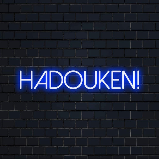 Custom LED neon sign spelling Hadouken! in vibrant neon colors; perfect neon wall art for gaming enthusiasts.