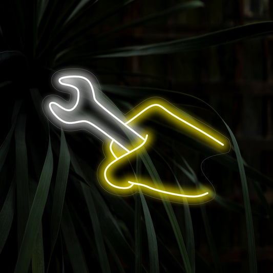 "Hand Holding A Wrench Tool Neon Sign" - Celebrating craftsmanship and handiwork, perfect for workshops and mechanic shops, dedicated to skilled trades and craftsmanship.