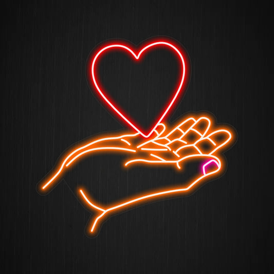 "Handful of Heart Neon Sign" - Exuding a romantic and affectionate vibe, perfect for spaces emphasizing love and relationships, creating a warm and inviting atmosphere.