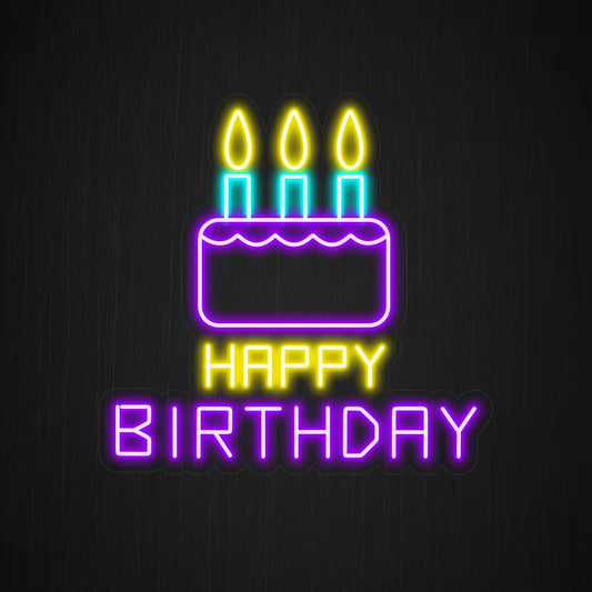 "Happy Birthday With Cake Neon Sign" - Adding a festive and celebratory touch, perfect for birthday parties and event venues, where joyous celebrations are welcomed.