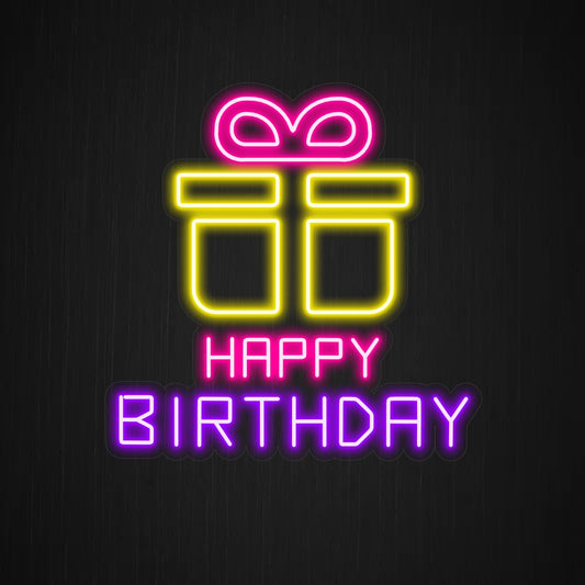 "Happy Birthday With Gift Neon Sign" - Radiating the joy of gifting, perfect for birthday celebrations and gift shops, where the spirit of giving is celebrated.