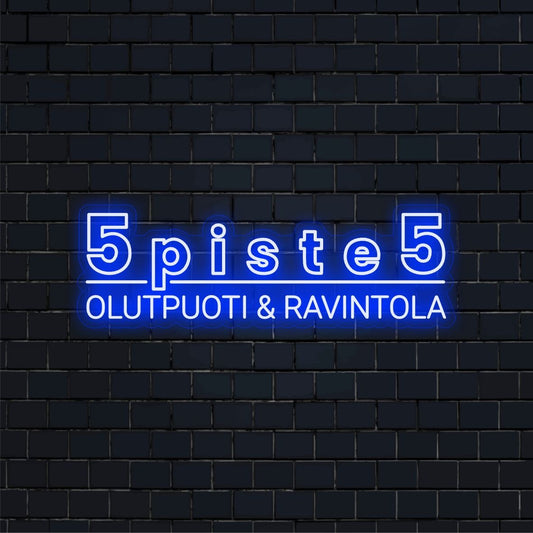 Räätälöidyt neonskyltit 75 × 28 cm – “5piste5” (sininen & valkoinen)