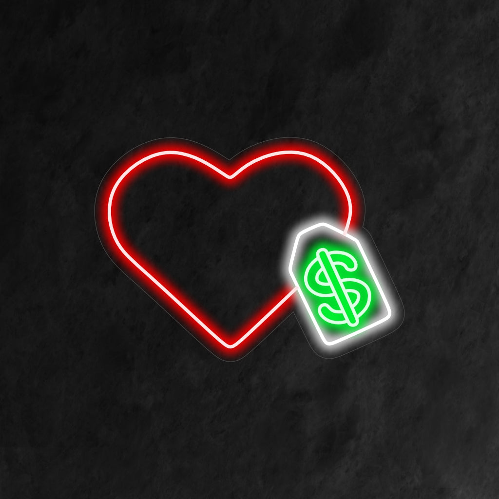 "Heart with Price Tag Neon Sign" - Adding a touch of playful and cheeky charm, perfect for retail spaces, boutiques, or any area that wants to infuse a sense of humor into the shopping experience.