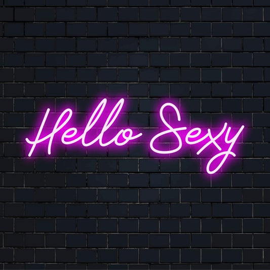 Vibrant custom-made LED neon sign that reads Hello Sexy, perfect for adding a playful touch to any room's decor.