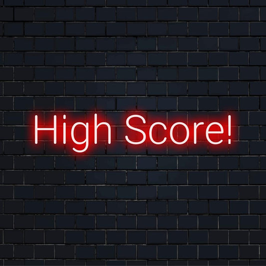 Bright High Score! LED neon sign exudes gaming vibes. Perfect as neon wall art or vibrant custom LED decor.