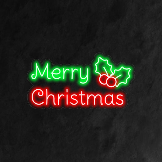 "Holly Merry Christmas Neon Sign" is a traditional and festive addition to your holiday-themed interior. A neon light that showcases the timeless symbol of holly.