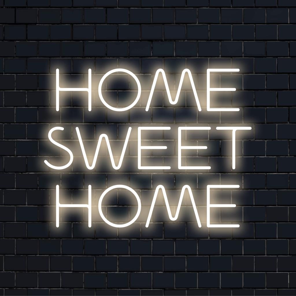 Individuelles LED-Neonschild mit der Aufschrift „Home Sweet Home“ in leuchtenden Farben, perfekt, um jedem Raum einen persönlichen Charme zu verleihen.