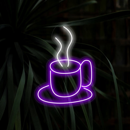 "Hot Coffee Cup Neon Sign" - A warm and inviting addition to coffee shops, featuring a steaming coffee cup for a welcoming and comforting atmosphere in cozy corners.
