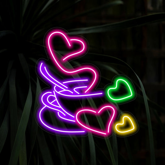 "Hot Coffee Cup With Heart Shape Neon Sign" - A romantic and inviting addition to coffee shops, featuring a steaming coffee cup with a heart shape for a charming and love-filled atmosphere.