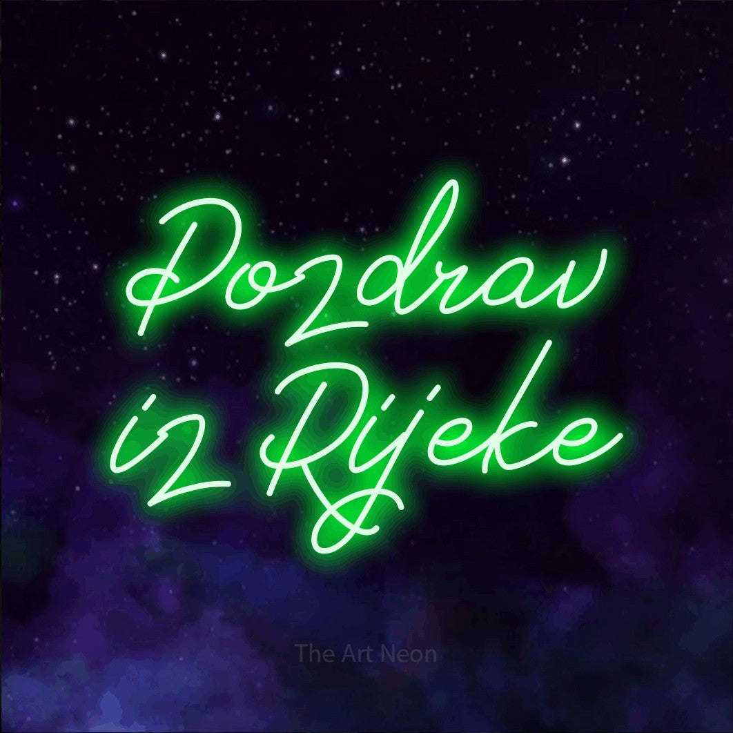 LED neon sign reading “Pozdrav iz Rijeke”, arranged in two lines.