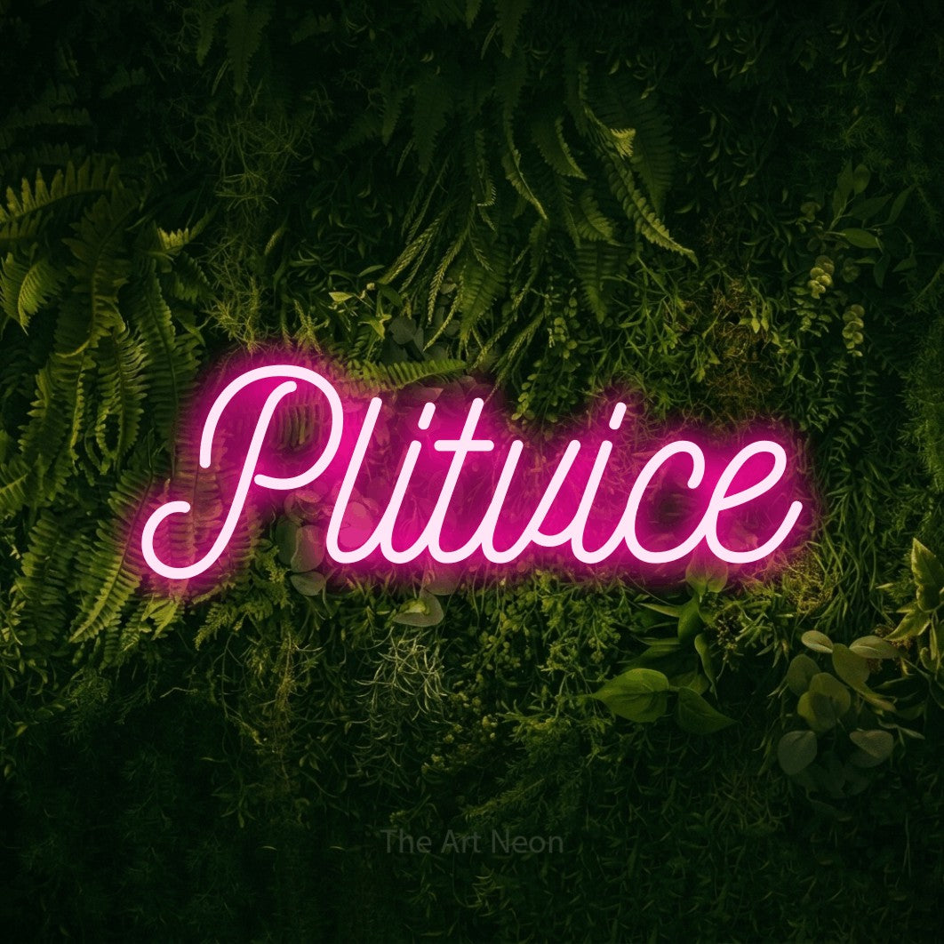 LED neon sign reading “Plitvice”, arranged in a single line.