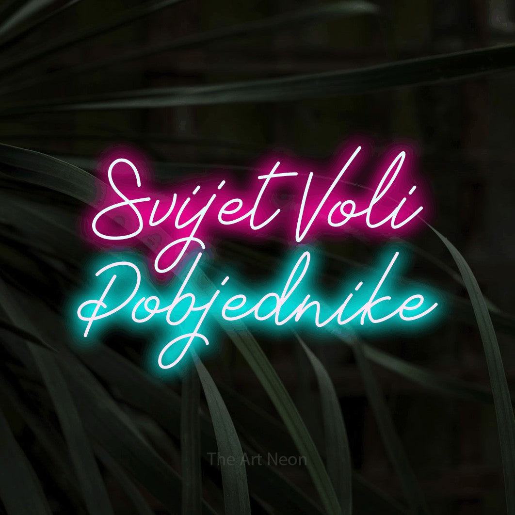 LED neon sign reading “Svijet Voli Pobjednike”, arranged in two lines.