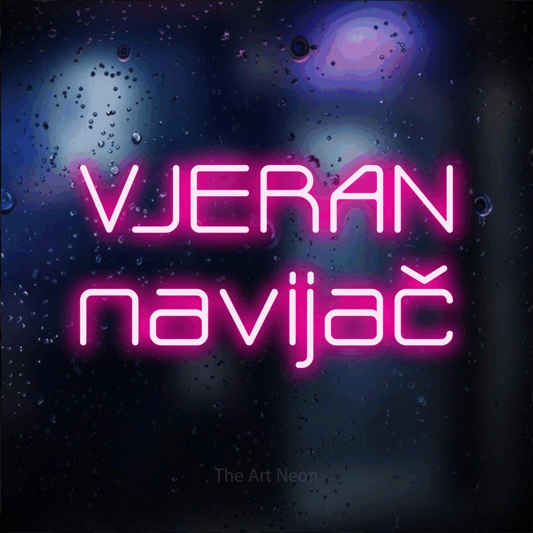 LED neon sign reading “VJERAN navijač”, arranged in two lines.