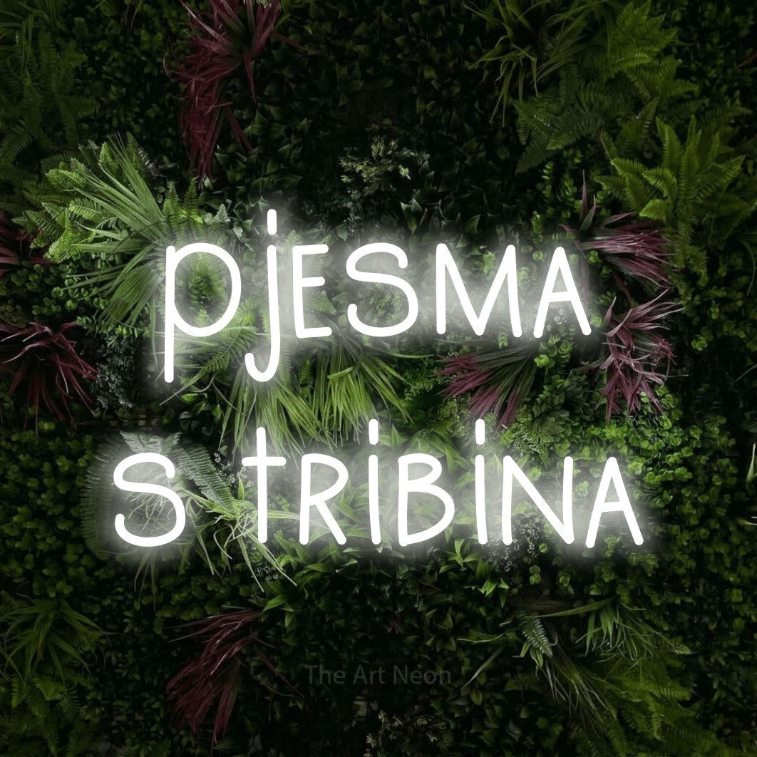 LED neon sign reading “pjesma s tribina”, arranged in two lines.