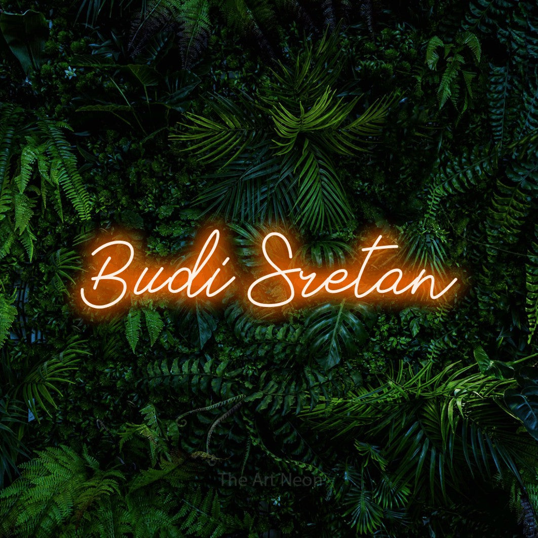 LED neon sign reading “Budi Sretan”, arranged in a single line.