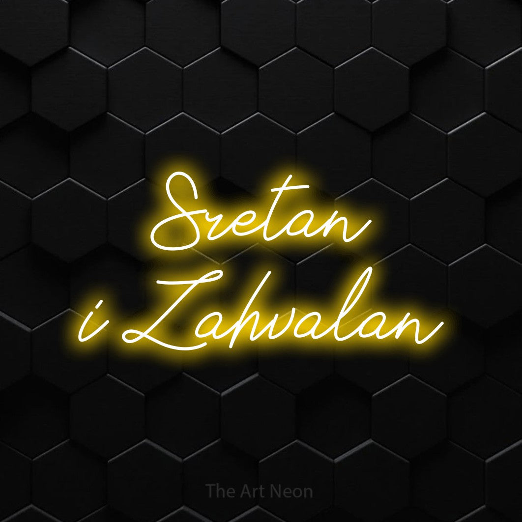 LED neon sign reading “Sretan i Zahvalan”, arranged in two lines.