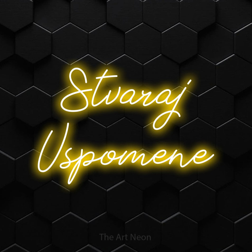 LED neon sign reading “Stvaraj Uspomene”, arranged in two lines.