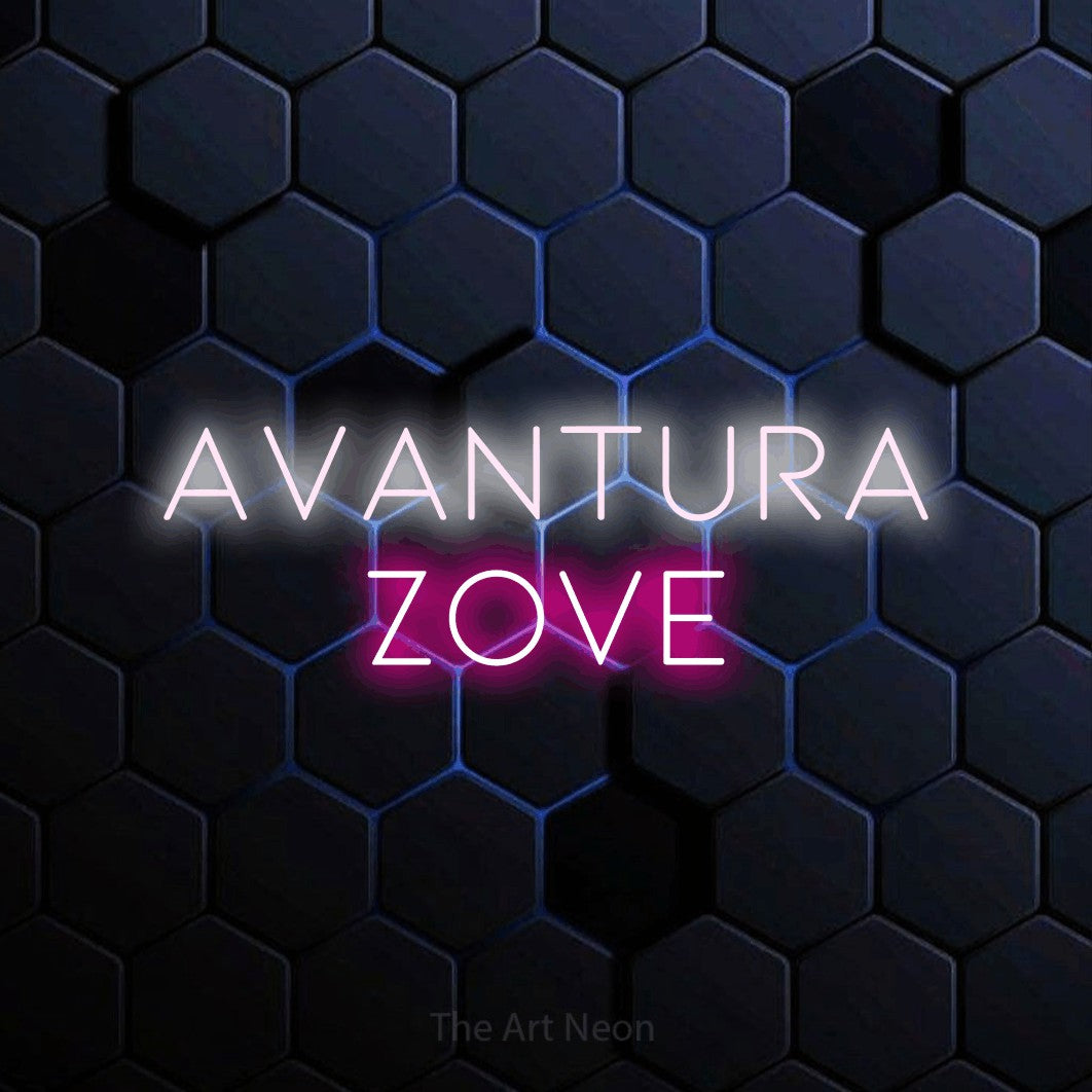 LED neon sign reading “AVANTURA ZOVE”, arranged in two lines.