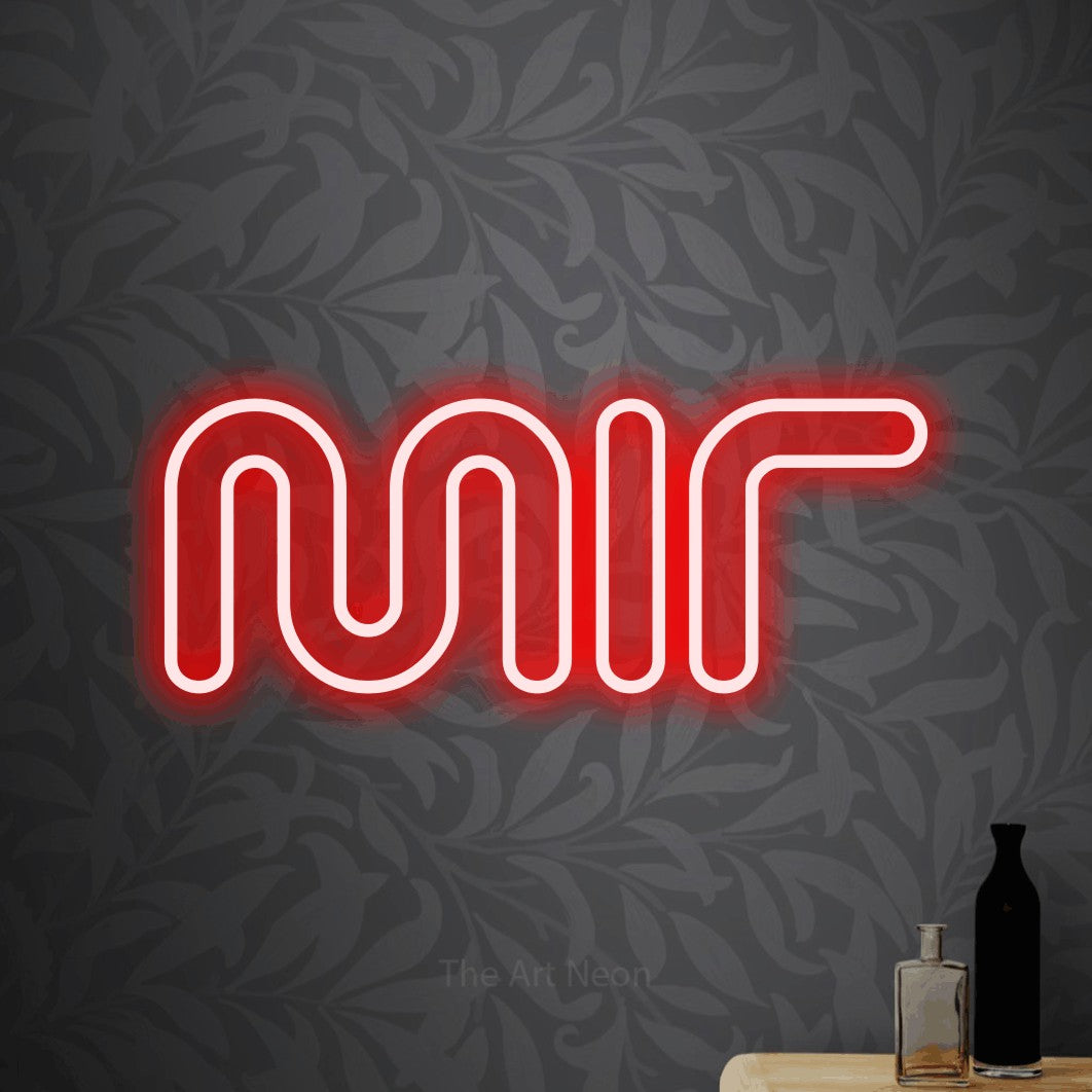 LED neon sign reading “Mir”, arranged in a single line.
