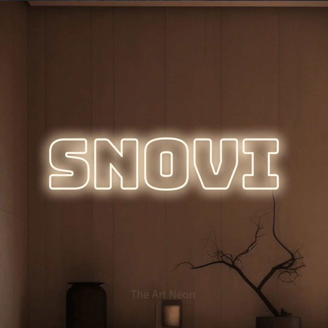 LED neon sign reading “Snovi”, arranged in a single line.