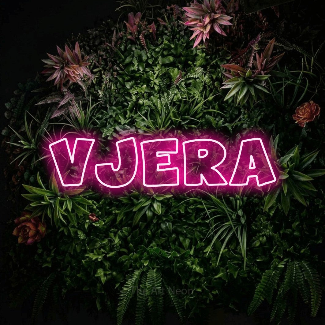 LED neon sign reading “vjera”, arranged in a single line.
