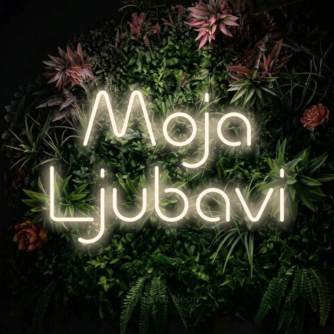 LED neon sign reading “Moja Ljubavi”, arranged in two lines.
