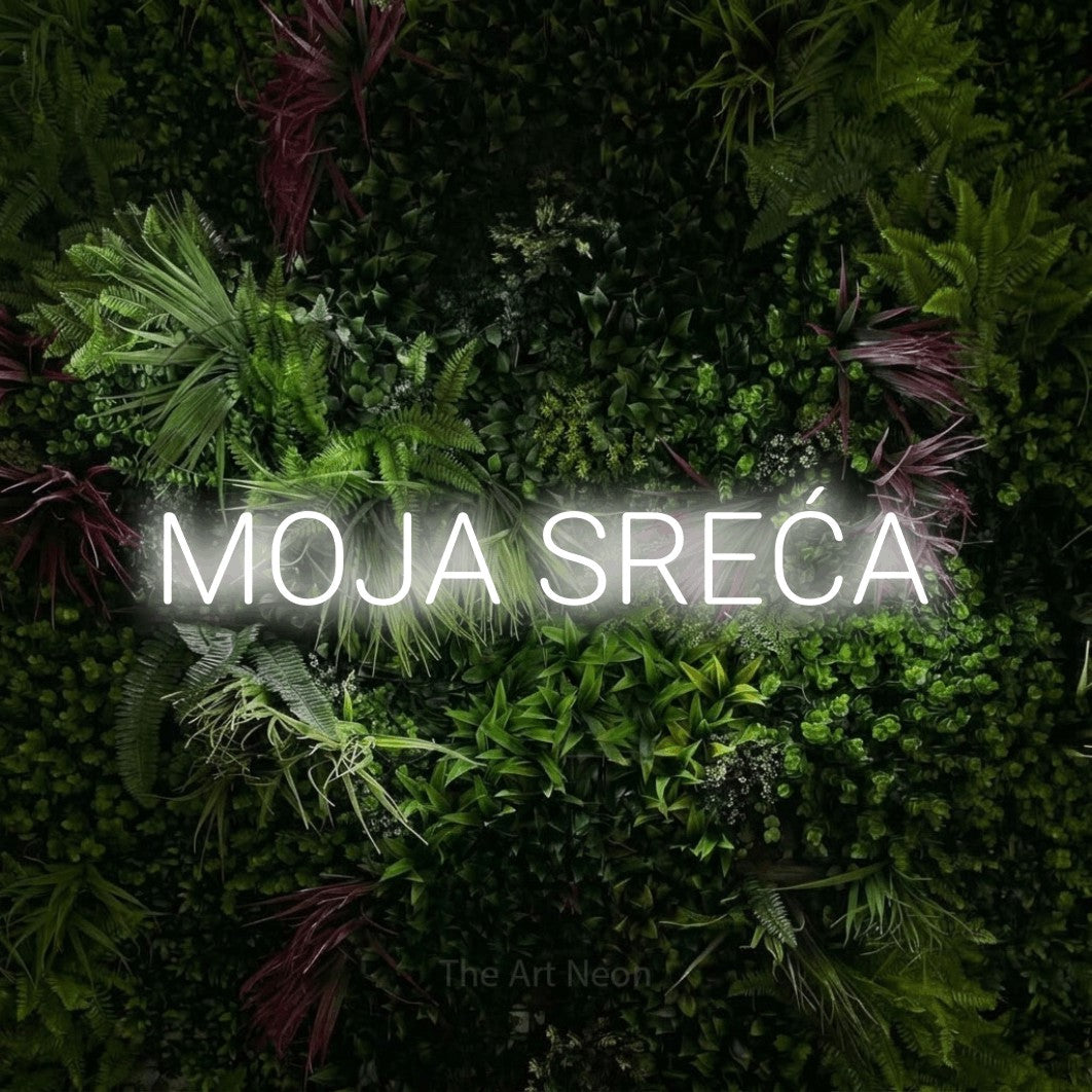 LED neon sign reading “MOJA SREĆA”, arranged in a single line.