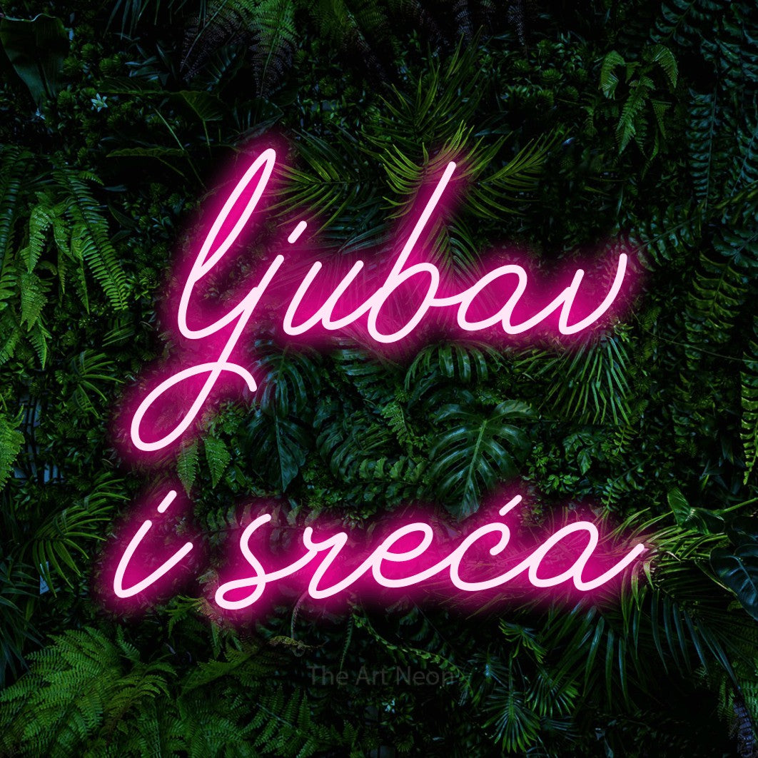 LED neon sign reading “ljubav i sreća”, arranged in two lines.