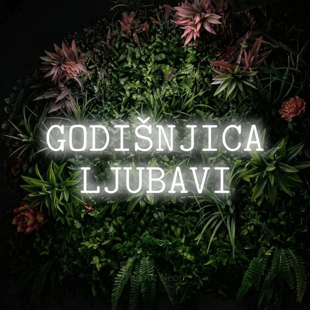 LED neon sign reading “GODIŠNJICA LJUBAVI”, arranged in two lines.