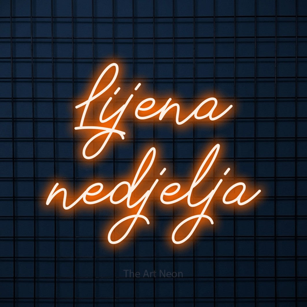 LED neon sign reading “Lijena nedjelja”, arranged in two lines.
