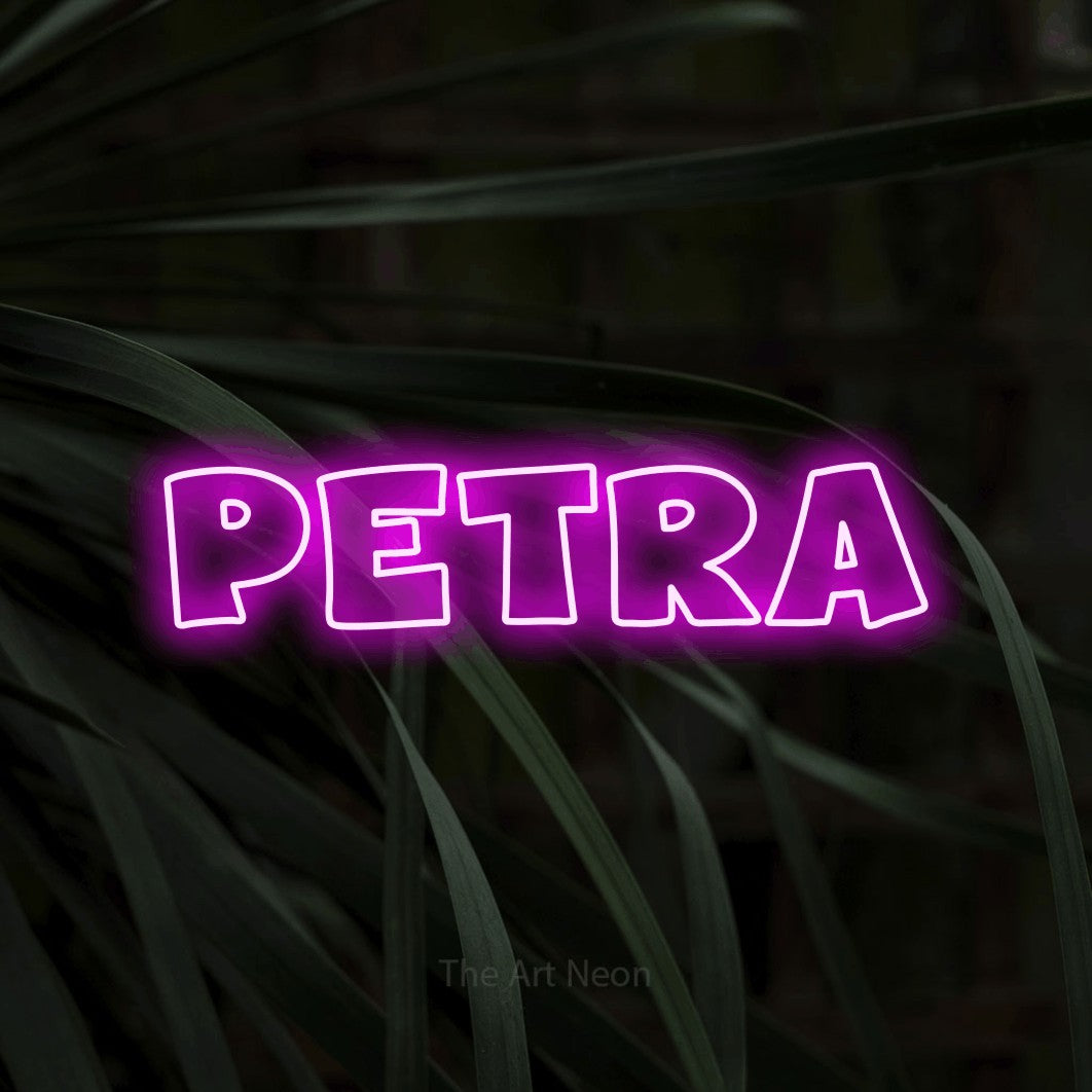 LED neon sign reading “petra”, arranged in a single line.