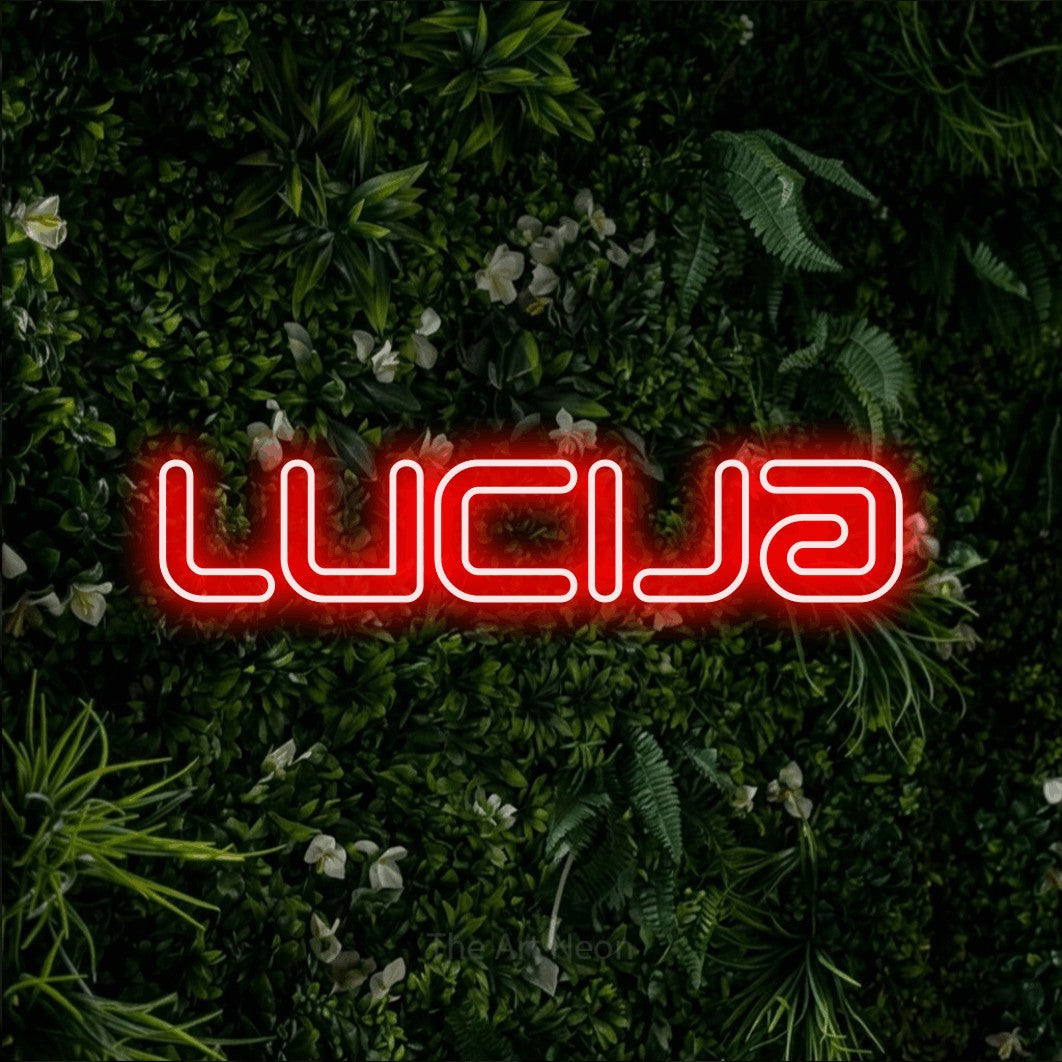 LED neon sign reading “Lucija”, arranged in a single line.