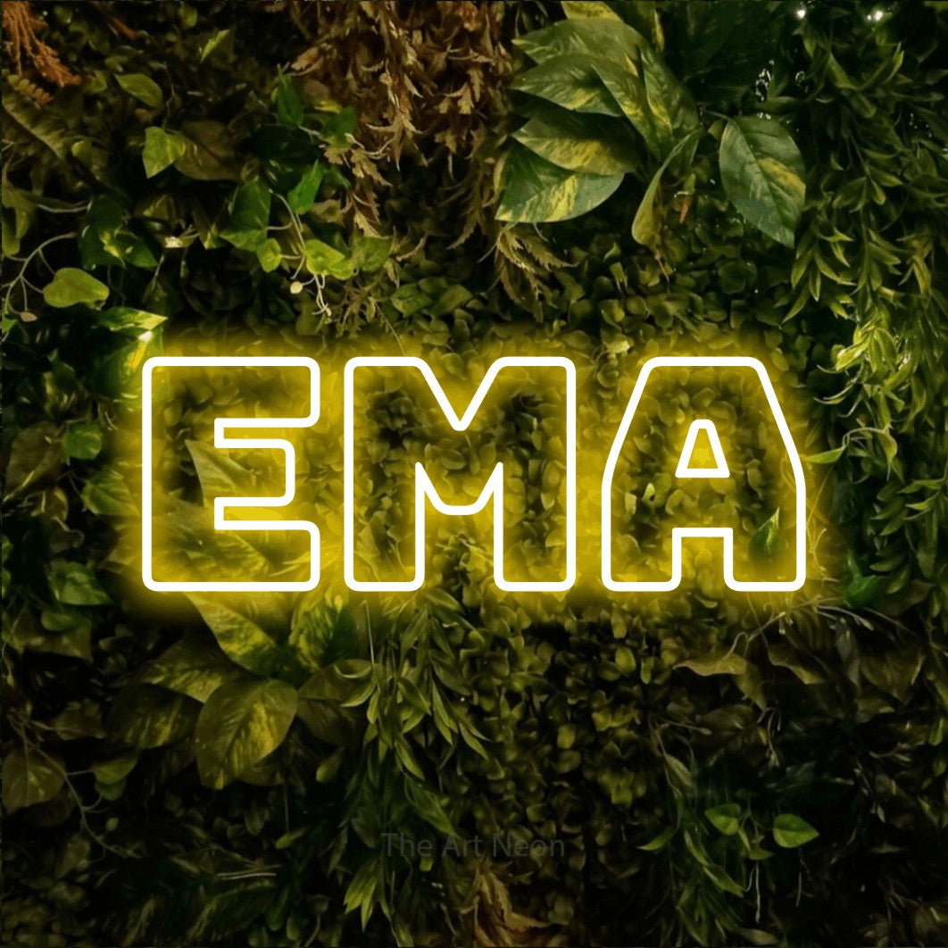 LED neon sign reading “ema”, arranged in a single line.
