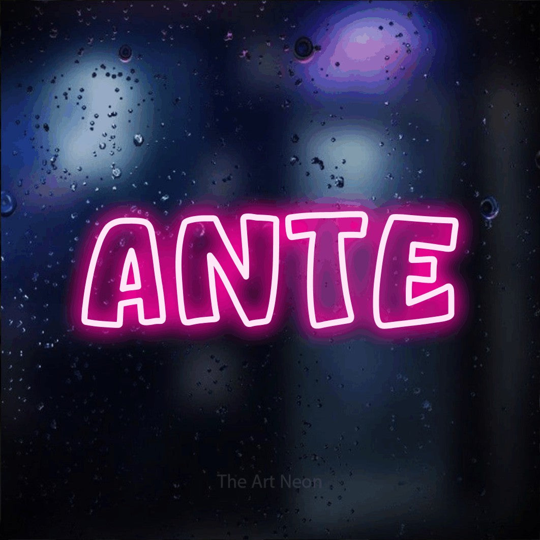 LED neon sign reading “ante”, arranged in a single line.