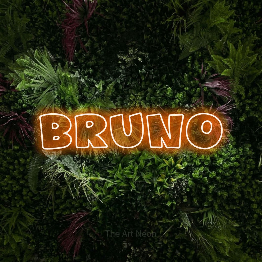 LED neon sign reading “BRUNO”, arranged in a single line.