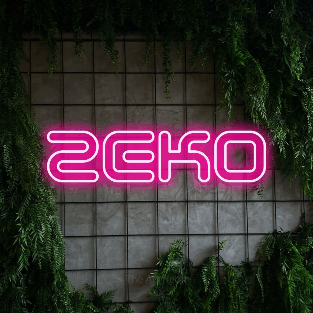 LED neon sign reading “ZEKO”, arranged in a single line.