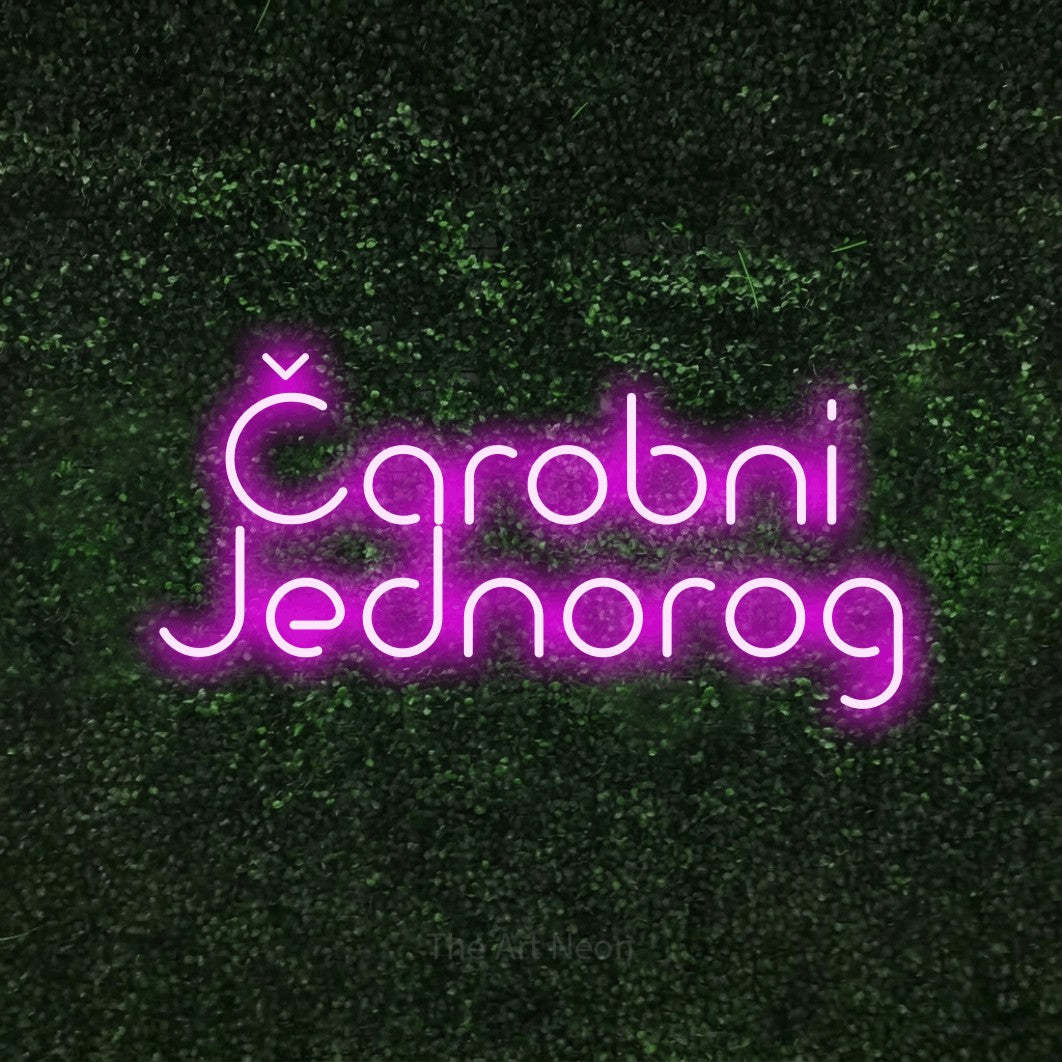 LED neon sign reading “Čarobni Jednorog”, arranged in two lines.
