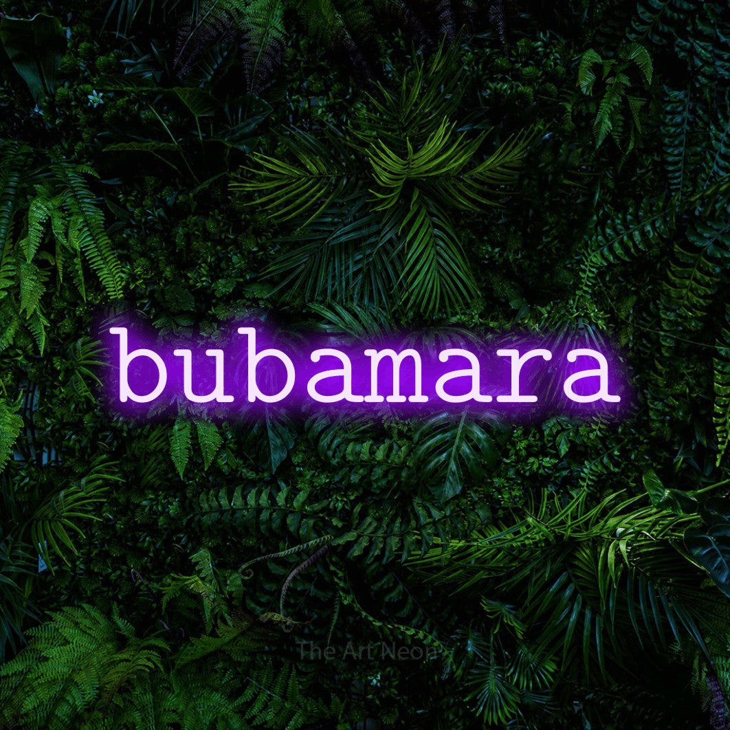 LED neon sign reading “bubamara”, arranged in a single line.